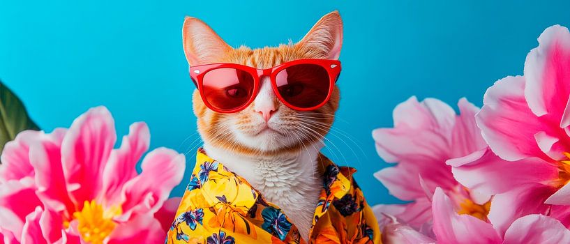 Des vacances pour les chats dans une mer de fleurs - Estival par Poster Art Shop