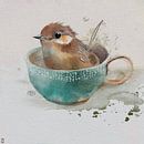 Badender Spatz in einer Teetasse von Ingrid A.U. Motzheim Miniaturansicht