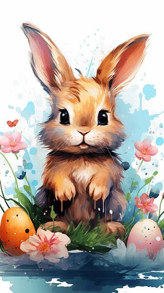 Osterhase mit Ostereiern, Aquarell-Ölgemälde-Design, vertikal von Animaflora PicsStock