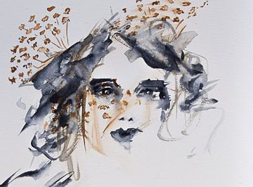 Watercolor woman with umbellifer abstract by Bianca ter Riet