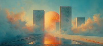 Abstrait City Art | Silhouetted Skyline Haze sur Caprices d'Art