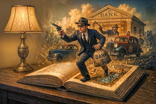 Illustratie van een scène uit een gangsterboek uit de jaren twintig