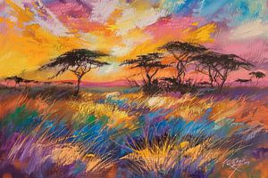 Kleurrijk Safari Zonsondergang - Afrikaanse Veldlandschap van Eva Lee