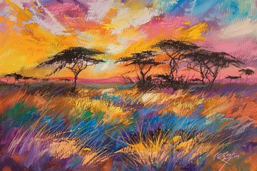Farbenfroher Safari-Sonnenuntergang - Afrikanische Feld-Landschaft von Eva Lee