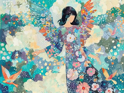 Bunte Frau mit Vögeln und Blumen