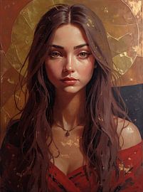 Portrait of young woman with gold leaf and red dress by Emiel de Lange