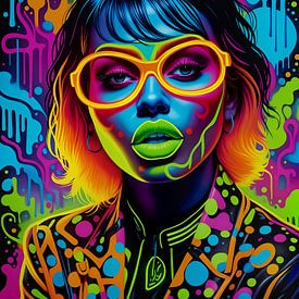 Meisje in bril neon graffiti kunst van Makar Mokrynskyi