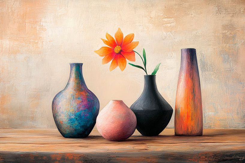 Vasenensemble mit orangefarbener Blume von Poster Art Shop