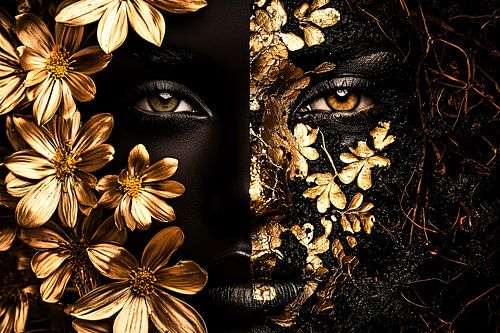 Gouden bloemen op zwart gezicht