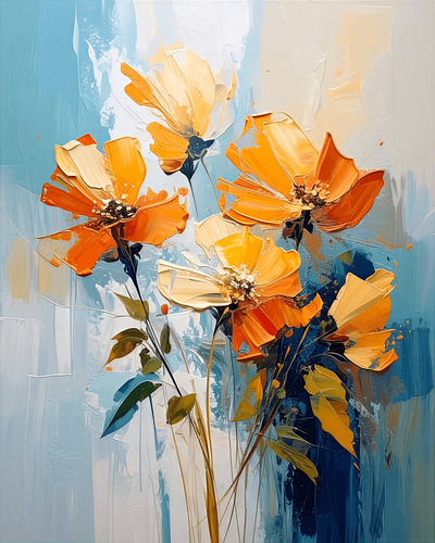 Modern orange and yellow flowers on a light blue background
