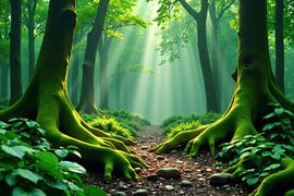 Racines d'arbres recouvertes de mousse et sentier forestier sur Markus Gann