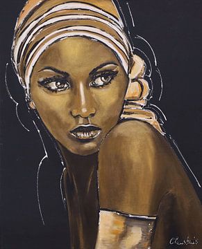 Afrikaanse Vrouw in goud zwart van Vrolijk Schilderij