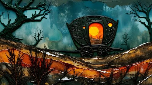 Gypsy wagon lonely in a forest at night