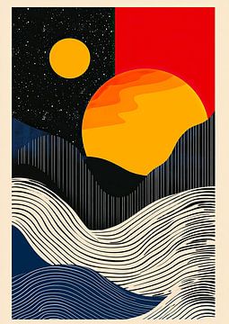 Bauhaus Abstract Moon Waves Red Blue