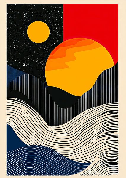 Bauhaus Abstract Moon Waves Red Blue by Niklas Maximilian