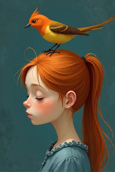 Bird's Dream - Girl in Blue Dress with Orange Hair by Kleurenrijk