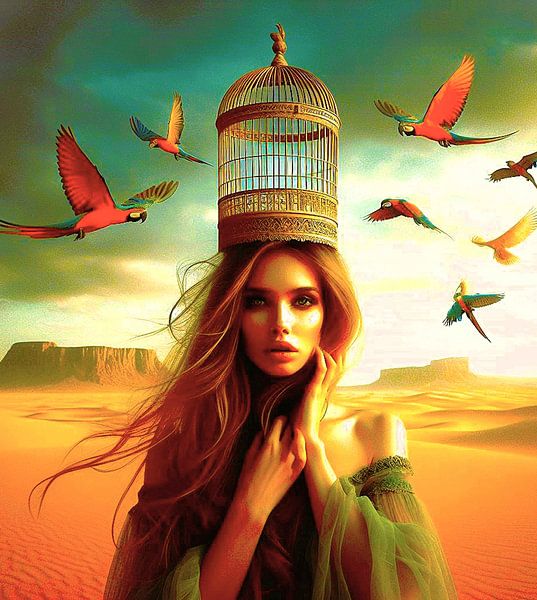 Vouwenportret met vogels. ( 2  ) van Ineke de Rijk