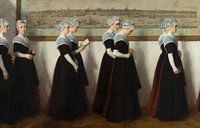 Amsterdamse weesmeisjes in een gang voor een stadsprofiel van Amsterdam, Nicolaas van der Waay van Meesterlijcke Meesters thumbnail