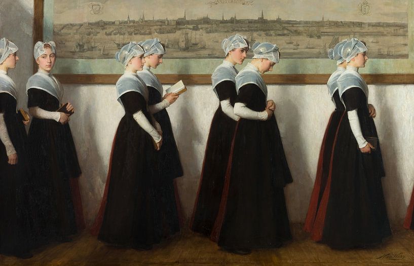 Amsterdamse weesmeisjes in een gang voor een stadsprofiel van Amsterdam, Nicolaas van der Waay van Meesterlijcke Meesters