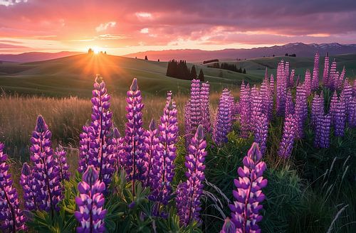 Lupinen bij zonsondergang