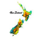 Schilderij van Nieuw Zeeland | Landkaart in kleurrijke aquarel | Met landnaam in Geel en groen van WereldkaartenShop thumbnail
