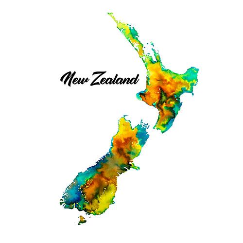 Painting of New Zealand | Map in colourful watercolour | With country name in Yellow and green