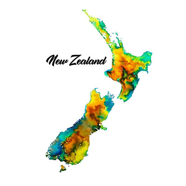 Schilderij van Nieuw Zeeland | Landkaart in kleurrijke aquarel | Met landnaam in Geel en groen van WereldkaartenShop