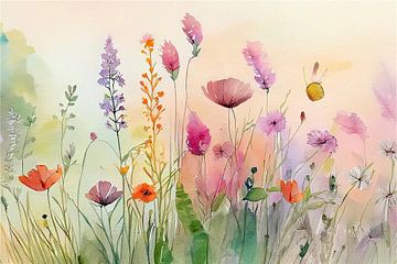Sereen lente schilderij: Wilde bloemen in het gras in pasteltinten van Studio Pieternel