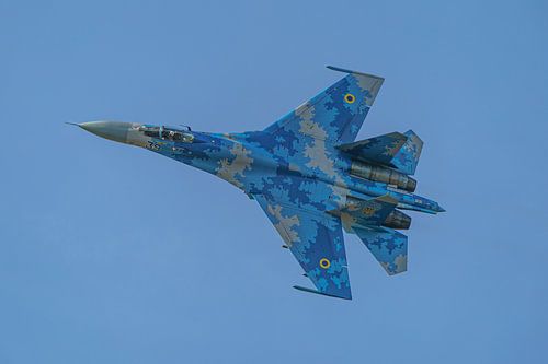 Topside flyby of a Sukhoi 27 of the Ukrainian Air Force during a spotter day at Kleine Brogel.