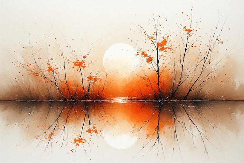 Een landschap herfst met berkentakken en oranje bladeren. van J.a Dijkstra