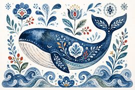 Baleine d'art populaire entre les vagues et les feuilles (IA) (folklore scandinave, océan, mer, mignon)
