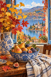An autumnal window still life – figs by the lake