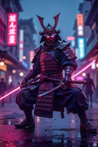 Fantasy Cyberpunk Wandbild: NEON SAMURAI - Der Höllenkrieger der Zukunft