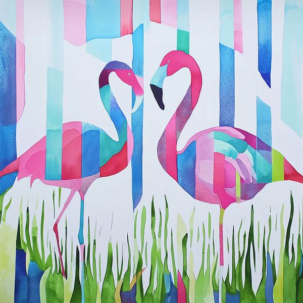 Flamingo's in Stylised Water World by Color Square