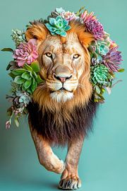 Lion with colourful floral wreath - Creative by Poster Art Shop