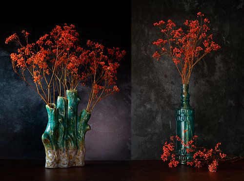 Orange gypsophila in blue bottle / special vase.