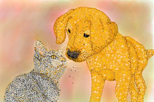 Pointillisme kunstwerk HOND EN POES