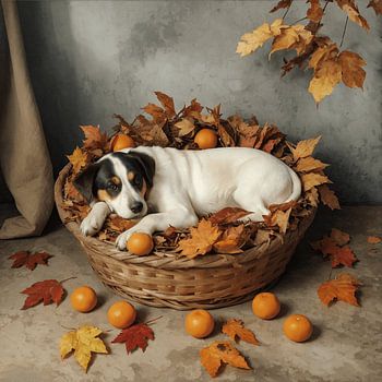 Chien dans un panier d'automne