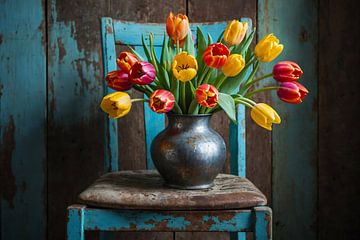 Vase mit gemischten Tulpen auf einem alten hellblauen Stuhl von Jan Bouma