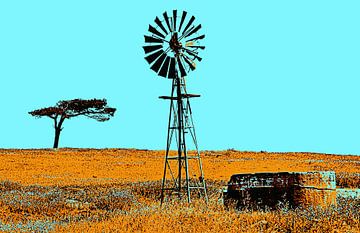 een waterpomp windturbine op een boerderij mixed media van Werner Lehmann