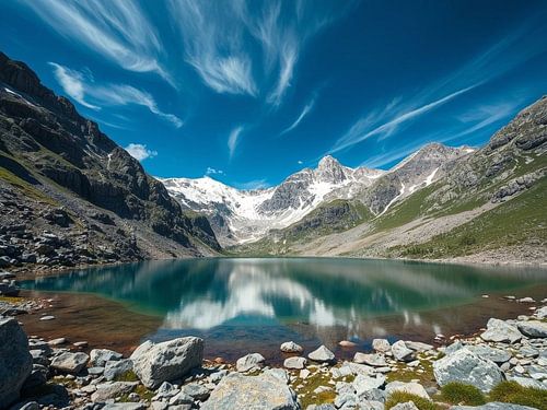 Een sereen alpenmeer onder majestueuze sneeuwtoppen en een dramatische lucht