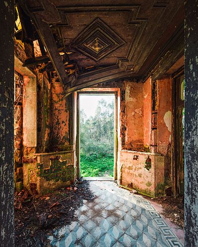 Maison de campagne abandonnée avec un beau plafond.