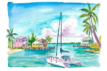 Hafenszene auf den Bahamas mit Segelboot und pastellfarbenen Häusern