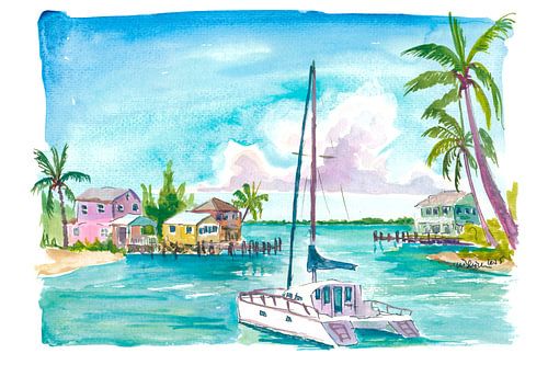 Hafenszene auf den Bahamas mit Segelboot und pastellfarbenen Häusern