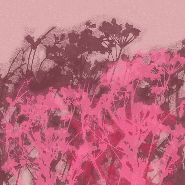 Wild flowers in neon pink, warm brown on soft pink. by Dina Dankers