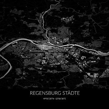 Zwart-witte landkaart van Regensburg Städte, Bayern, Duitsland. van Rezona