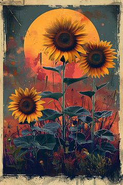 Retro stijl zonnebloemen bij zonsondergang Illustratie van Felix Brönnimann