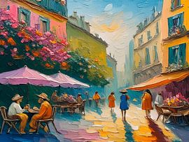 Style impressionniste : petite place avec des terrasses sur la Côte d'Azur sur Studio Pieternel