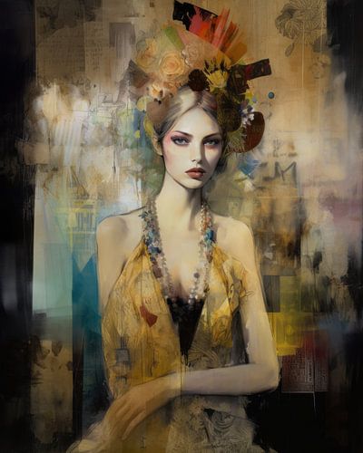 Modernes Porträt in Orange, Gelb und Gold