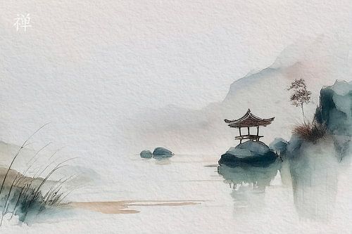 ZEN. Japandi Art.  Rustig Japans landschap met Ochtendnevel